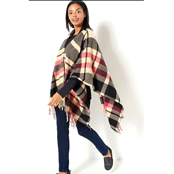 NWT QVC Belle by Kim Gravel Ruana Wrap Tartan Plaid Blanket Sweater Holiday Cozy - Picture 9 of 9